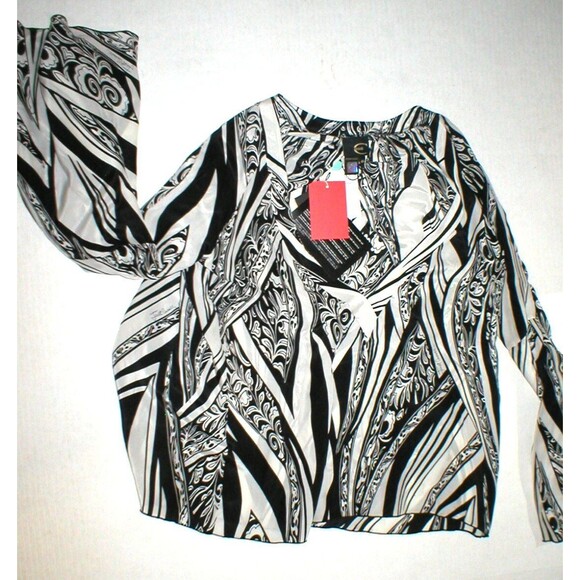 New NWT Womens 10 Italy Designer Silk Blouse Just Cavalli 46 Black White Bell - Picture 6 of 11